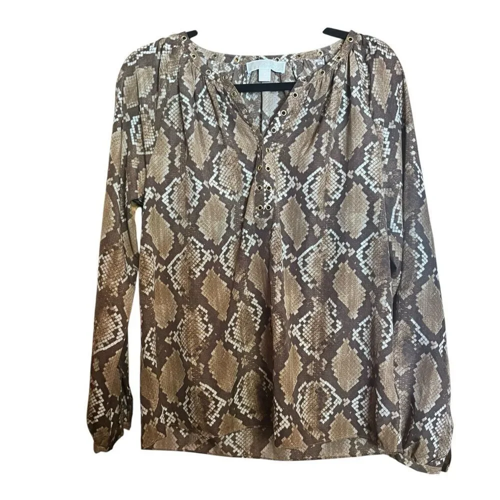 Michael Kors Top Womens Small Multicolor Animal Print Popover Long Sleeve Blouse